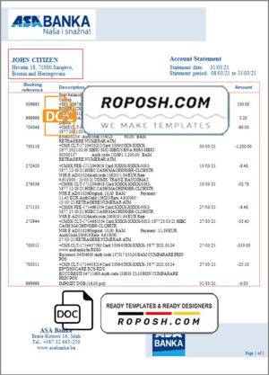 Bosnia and Herzegovina ASA Banka bank statement template in Word and PDF format
