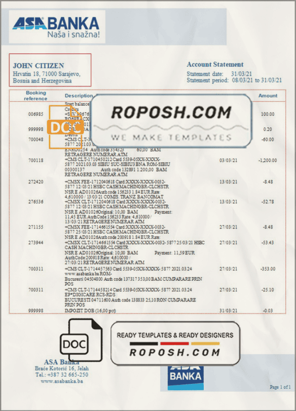 Bosnia and Herzegovina ASA Banka bank statement template in Word and PDF format