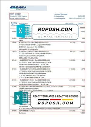 Bosnia and Herzegovina ASA Banka bank statement template in Excel and PDF format
