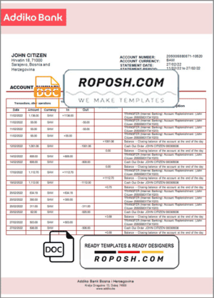 Bosnia and Herzegovina Addiko bank statement template in Word and PDF format