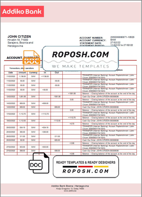 Bosnia and Herzegovina Addiko bank statement template in Word and PDF format