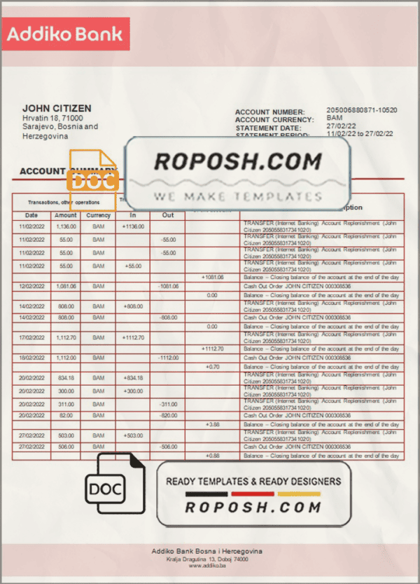 Bosnia and Herzegovina Addiko bank statement template in Word and PDF format