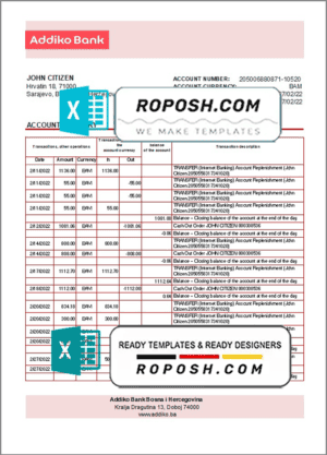 Bosnia and Herzegovina Addiko Bank statement template in Excel and PDF format (autosum)