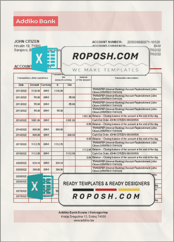 Bosnia and Herzegovina Addiko Bank statement template in Excel and PDF format (autosum)