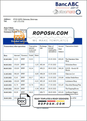 Botswana Bank ABC bank statement template in Word and PDF format