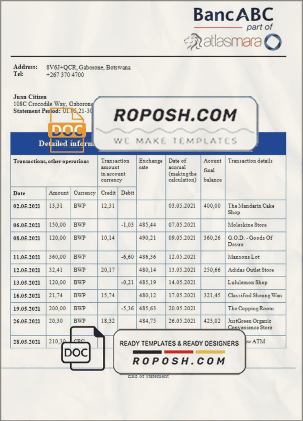 Botswana Bank ABC bank statement template in Word and PDF format