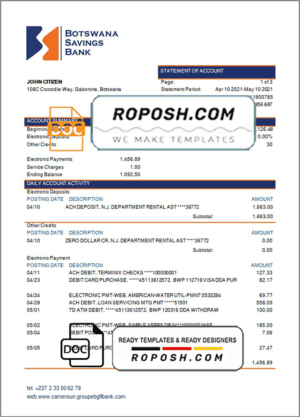 Botswana Savings Bank statement template in Word and PDF format