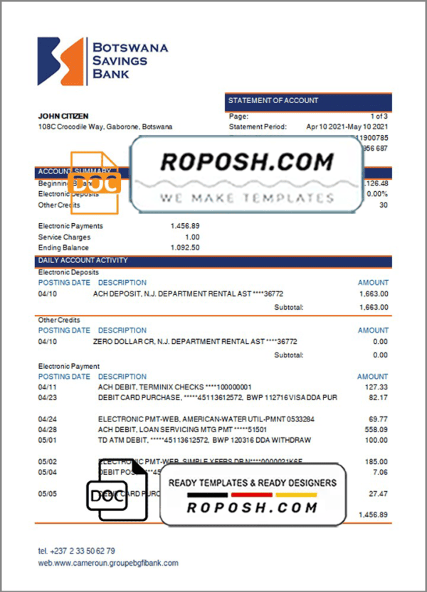 Botswana Savings Bank statement template in Word and PDF format