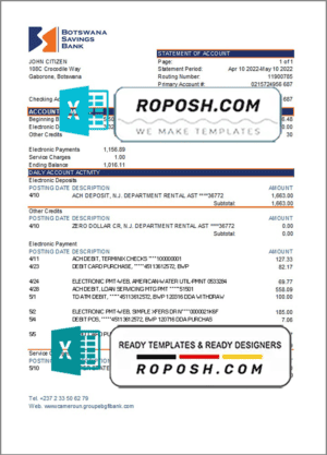 Botswana Savings bank statement template in Excel and PDF format