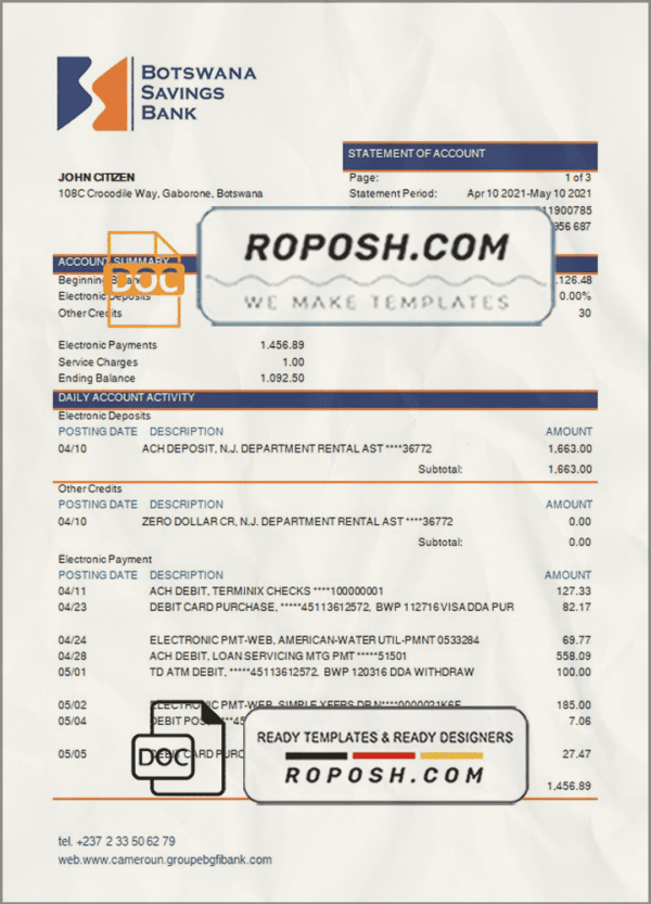Botswana Savings Bank statement template in Word and PDF format