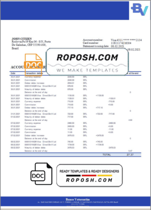 Brazil Banco Votorantim bank statement template in Word and PDF format