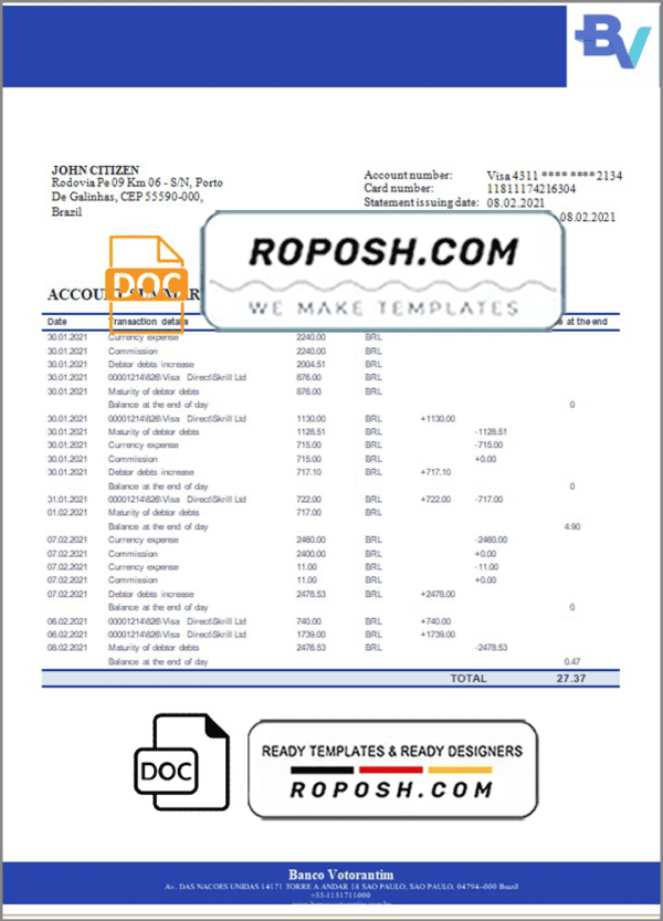 Brazil Banco Votorantim bank statement template in Word and PDF format