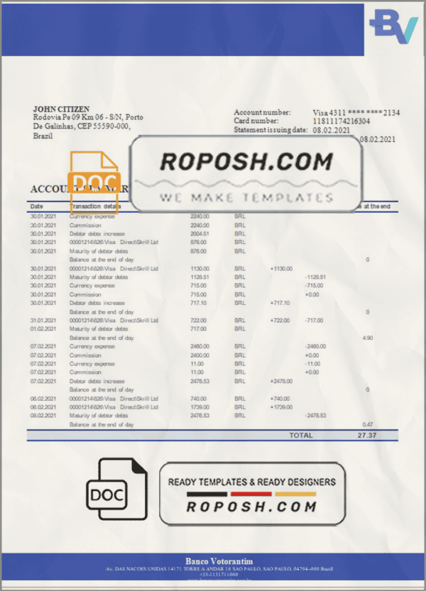 Brazil Banco Votorantim bank statement template in Word and PDF format