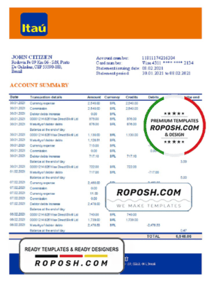 Brazil Itau bank statement template in Excel and PDF format, fully editable