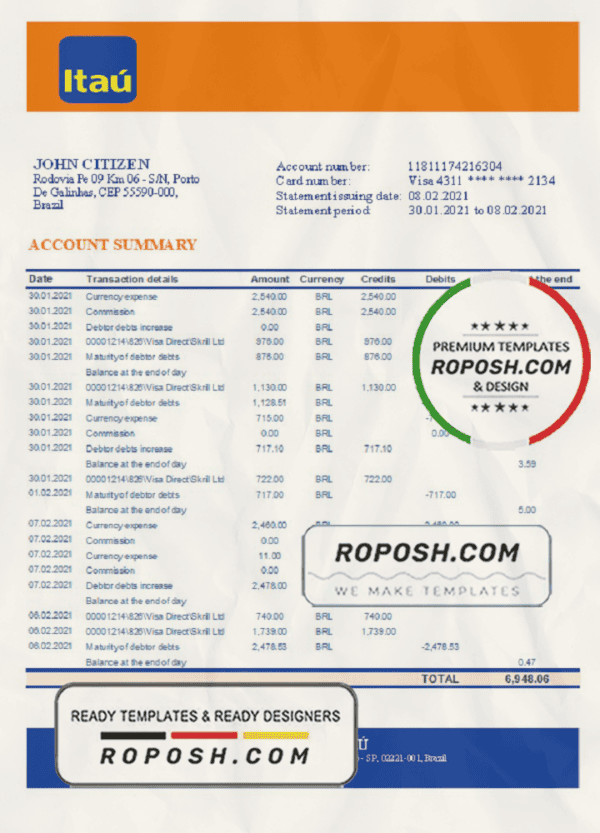 Brazil Itau bank statement template in Excel and PDF format, fully editable