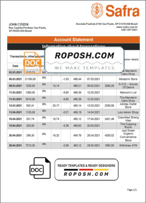 Brazil Safra bank statement template in Word and PDF format
