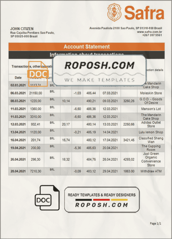 Brazil Safra bank statement template in Word and PDF format