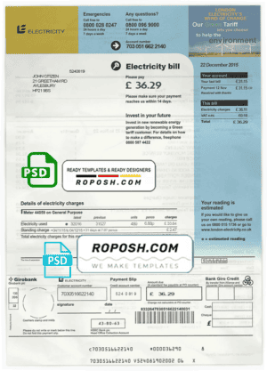 United Kingdom electricity utility bill template in PSD format
