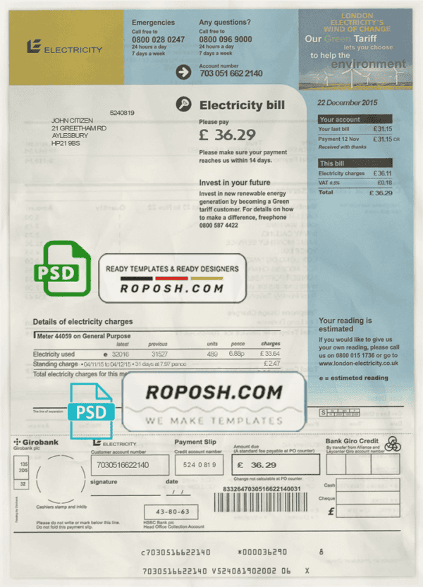 United Kingdom electricity utility bill template in PSD format