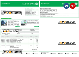 Brunei Baiduri bank card statement, Word and PDF template, 4 pages