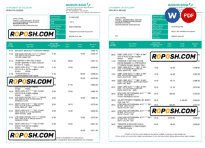 Brunei Baiduri bank statement, Word and PDF template, 3 pages