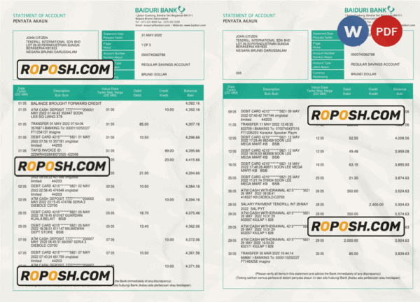 Brunei Baiduri bank statement, Word and PDF template, 3 pages