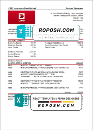 Brunei CIMB bank statement template in Excel and PDF format (autosum)