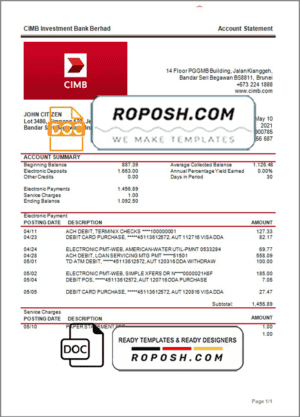Brunei CIMB proof of addres statement template in Word and PDF format