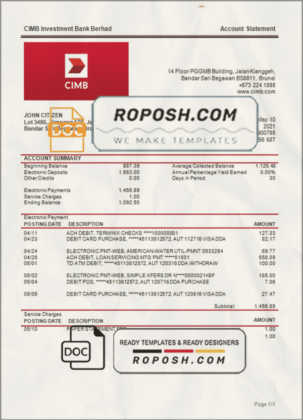 Brunei CIMB proof of addres statement template in Word and PDF format