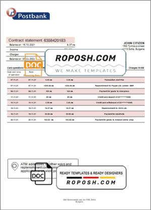 Bulgaria Postbank bank proof of addres statement template in Word and PDF format