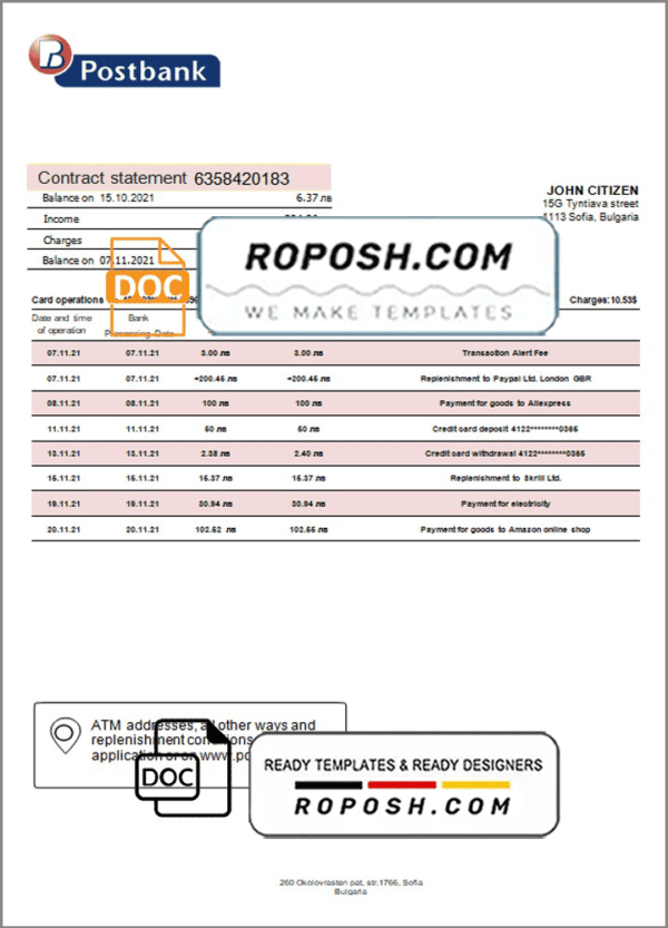 Bulgaria Postbank bank proof of addres statement template in Word and PDF format