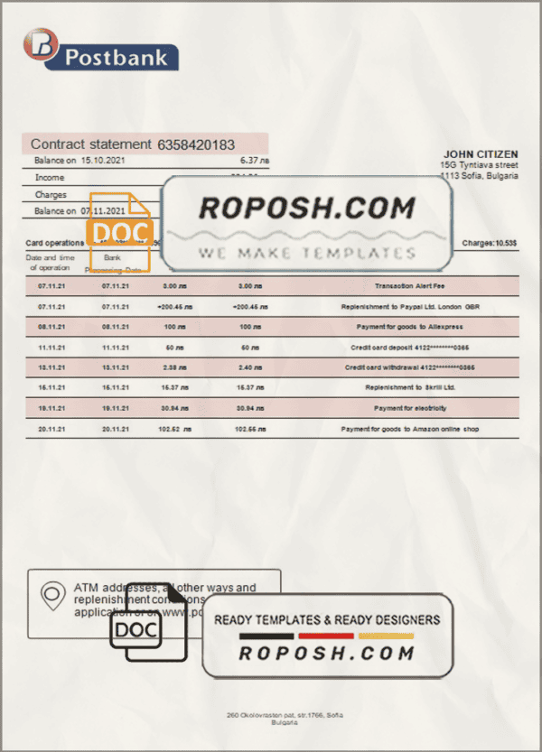 Bulgaria Postbank bank proof of addres statement template in Word and PDF format