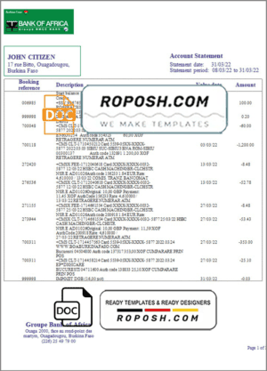 Burkina Faso Bank of Africa bank statement template in Word and PDF format