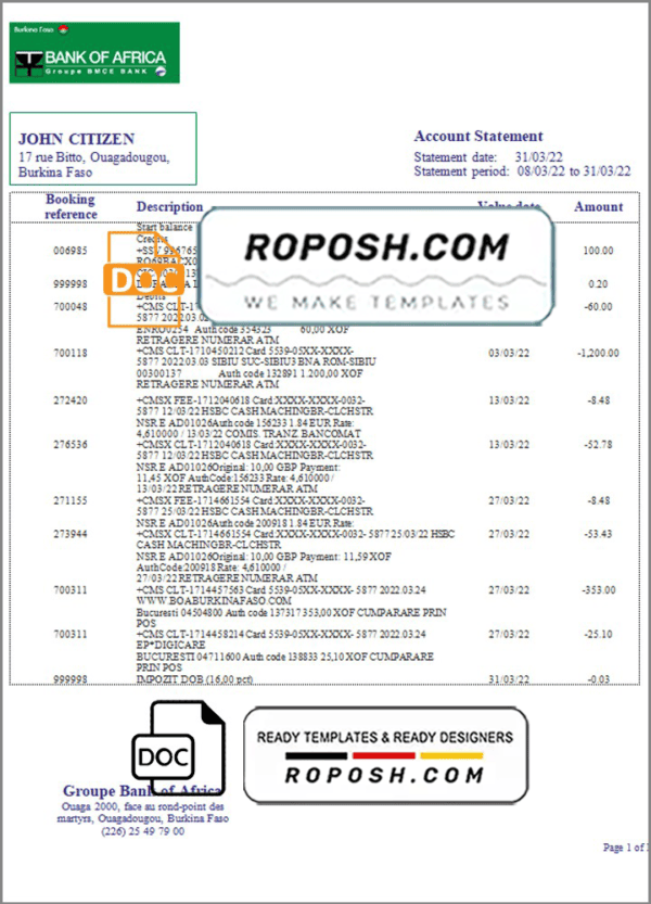 Burkina Faso Bank of Africa bank statement template in Word and PDF format