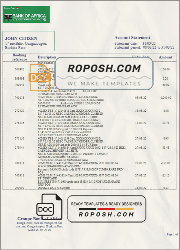 Burkina Faso Bank of Africa bank statement template in Word and PDF format