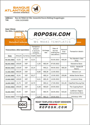 Burkina Faso Banque Atlantique bank statement template in Word and PDF format