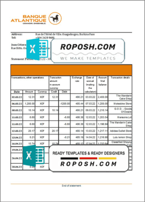 Burkina Faso Banque Atlantique bank statement Excel and PDF template (AutoSum)