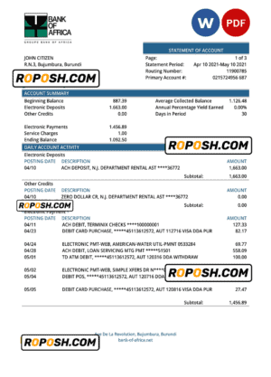Burundi Bank of Africa bank statement Word and PDF template