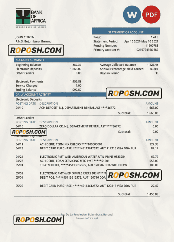 Burundi Bank of Africa bank statement Word and PDF template