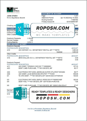 Burundi Bank of Africa bank statement Excel and PDF template (AutoSum)