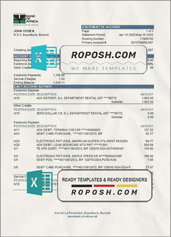 Burundi Bank of Africa bank statement Excel and PDF template (AutoSum)