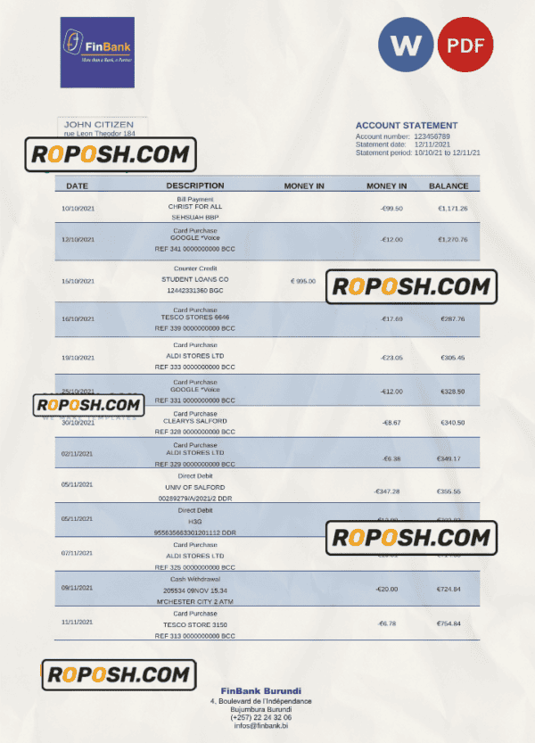 Burundi Finbank statement Word and PDF template