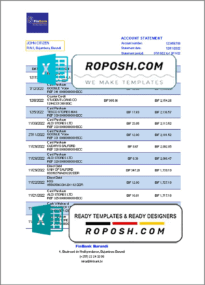 Burundi Finbank bank statement Excel and PDF template, fully editable (AutoSum)