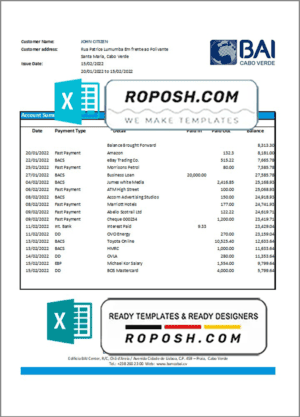 Cabo Verde Banco Africano de Investimentos bank statement Excel and PDF template (AutoSum)