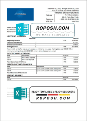 Cabo Verde Banco Inter-Atlântico bank statement Excel and PDF template (AutoSum)