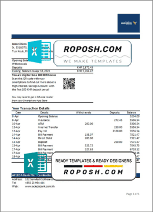 Cambodia ACLEDA bank statement Excel and PDF template (AutoSum)