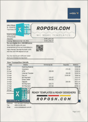 Cambodia ACLEDA bank statement Excel and PDF template (AutoSum) | roposh
