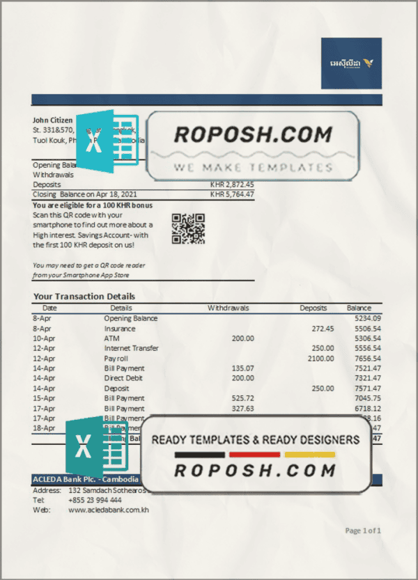 Cambodia ACLEDA bank statement Excel and PDF template (AutoSum)