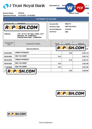 Cambodia J Trust Royal bank statement Word and PDF template