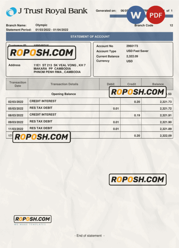 Cambodia J Trust Royal bank statement Word and PDF template
